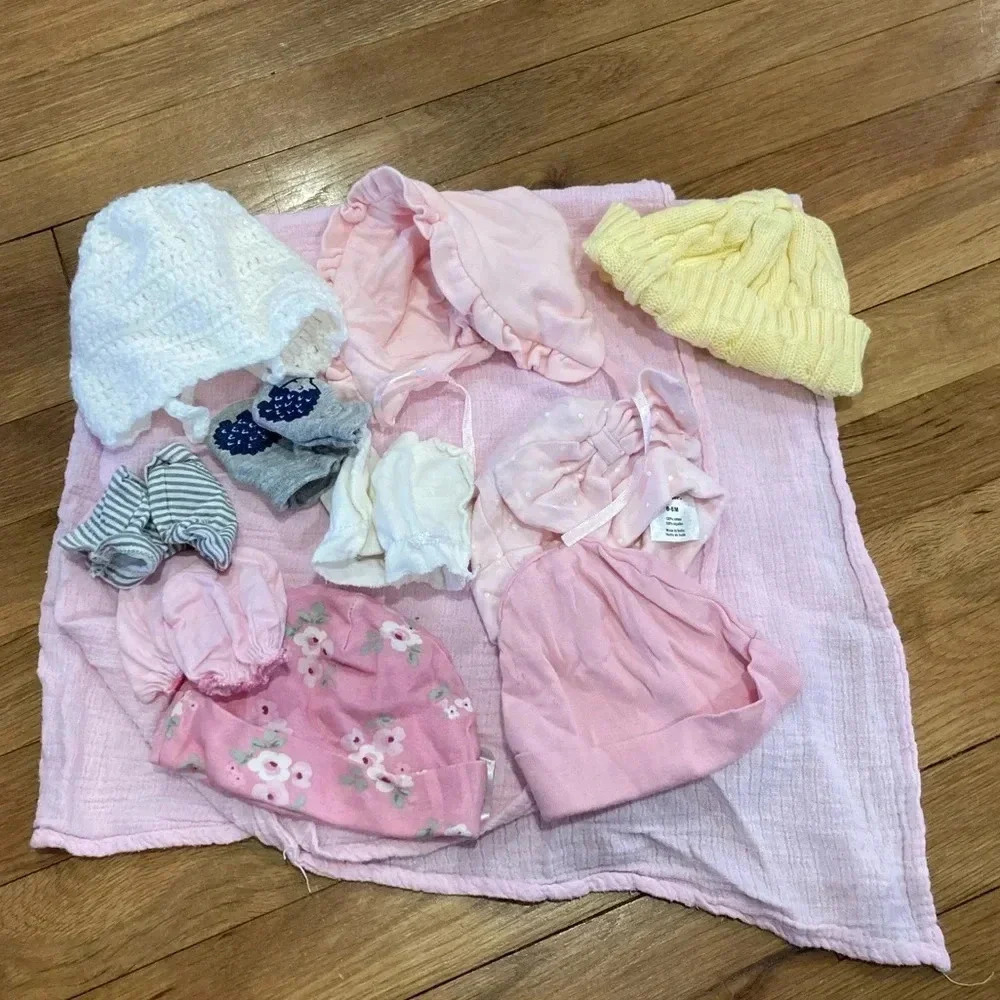 Lot of girls hats 0-6 month newborn mittens and blanket pink